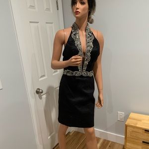 Rachel Allen cocktail dress. Black evening. Embellished. Halter top
